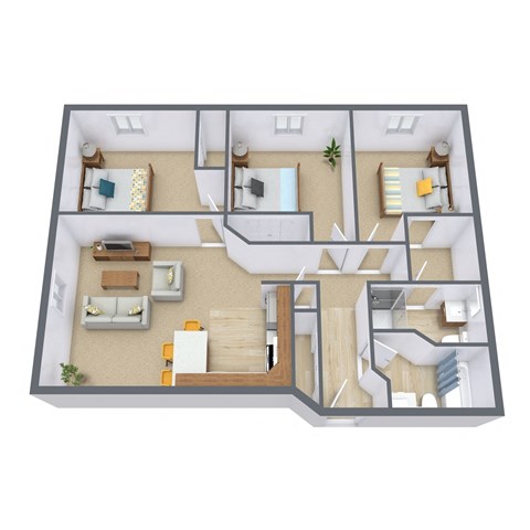 Floor plan for 3 beds, 1.8 baths, 925 sqft